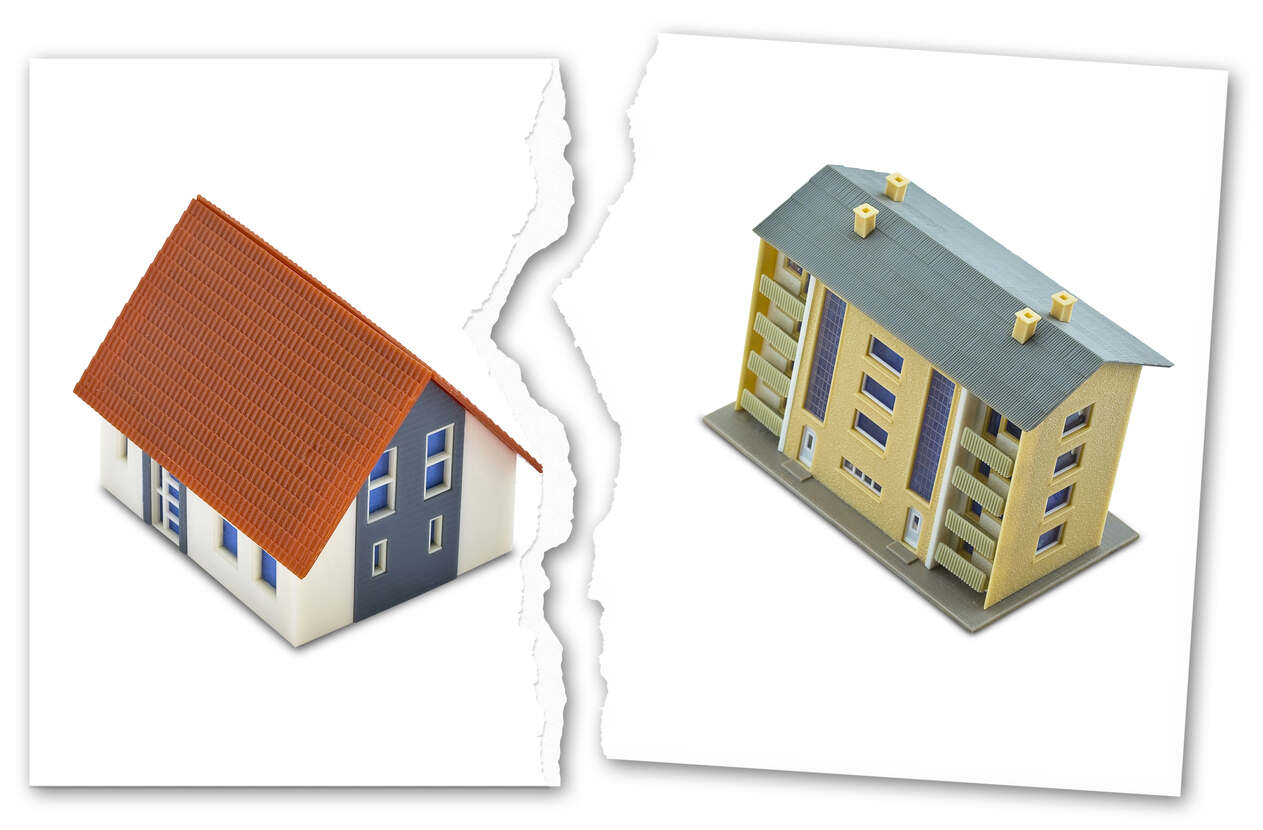 Two buildings representing Separate vs. Community Property .